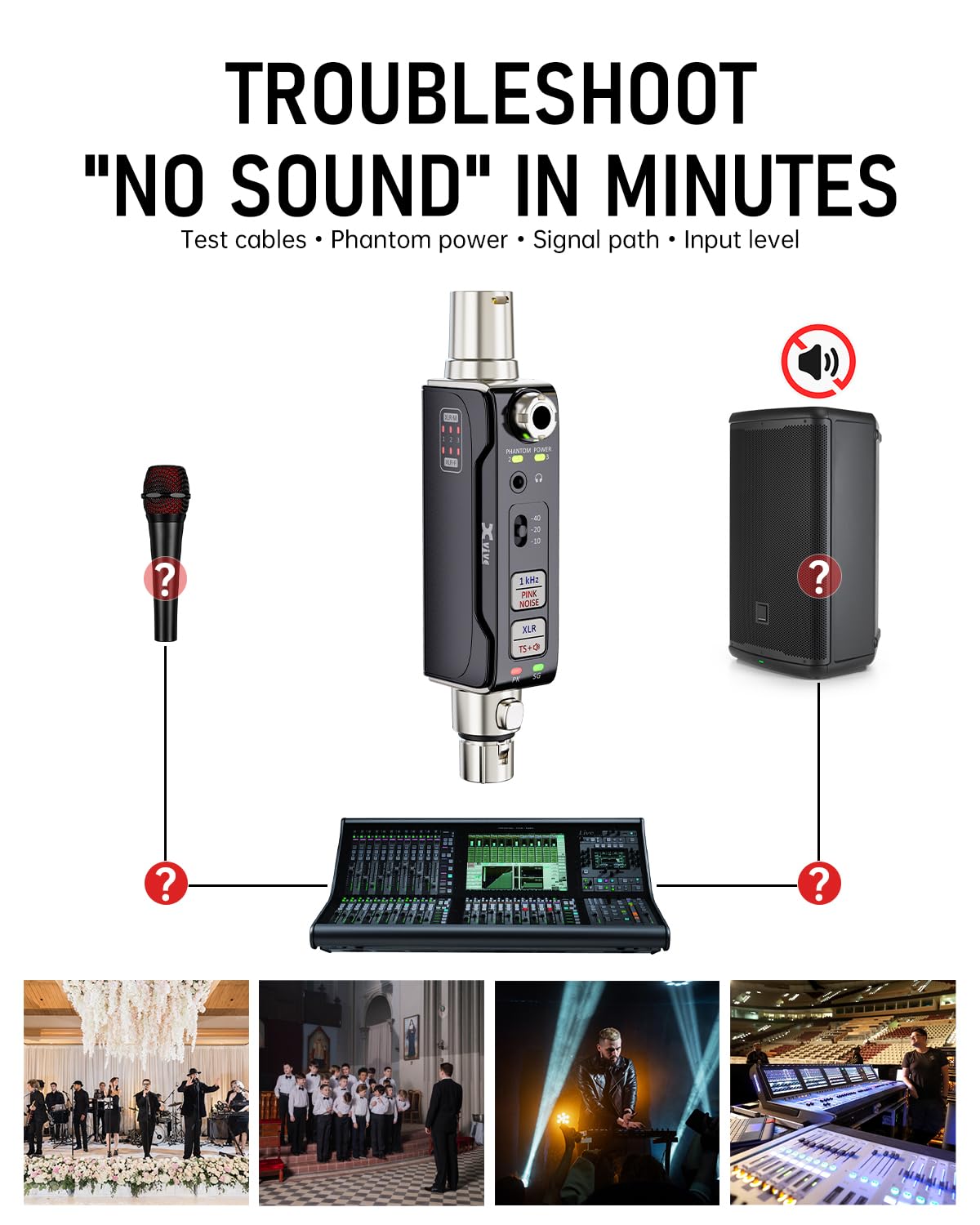 Xvive AT-2 Audio Tester Pro, 5-in-1 Signal Generator (1kHz Tone & Pink Noise), XLR Cable Tester, 48V Phantom Power Checker, XLR Input Meter, Headphone/Built-in Speaker Monitor, USB-C Rechargeable