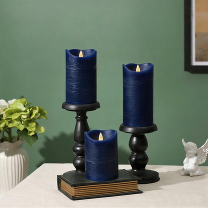 EZiKitchen Real Wax Flameless Candles Set of 3 (D 3" x H 4" 5" 6") Battery Operated LED Candle with Timer Home Decorative Pillar Flickering Lights,Wedding Party Events Decor,Navy Blue