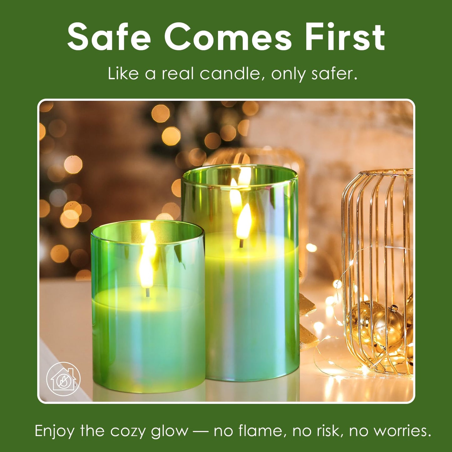 Eywamage Green Glass Flameless Pillar Candles with Remote, Flickering Spring Battery LED Candles Holiday Decor Set of 3