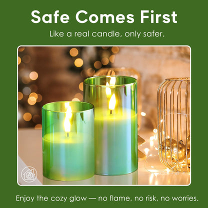 Eywamage Green Glass Flameless Pillar Candles with Remote, Flickering Spring Battery LED Candles Holiday Decor Set of 3