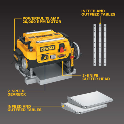 DEWALT Thickness Planer, 13-inch Wood Planer, Three Knife Two Speed, 15 Amp, 20,000 RPM Motor (DW735X)