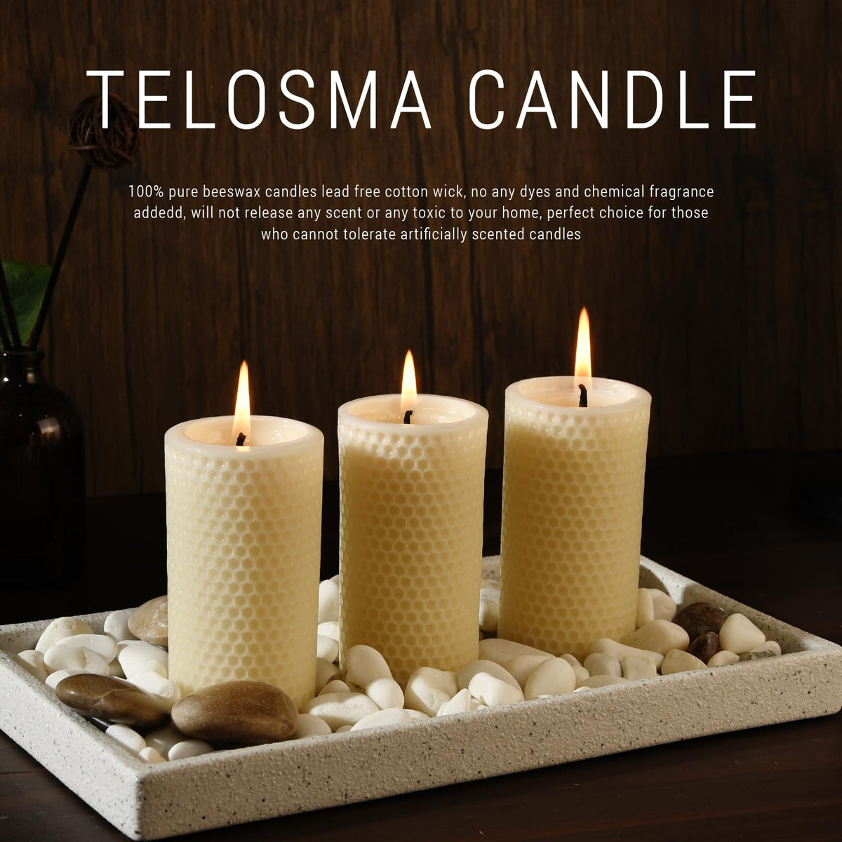 Pure Natural Beeswax Pillar Candles - Pack of 3 - Honeycomb Surface, No Scent- for Emergency/Prayer/Relax (2inch Diameter, 4 inch Tall - Off White)