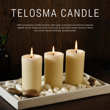 Pure Natural Beeswax Pillar Candles - Pack of 3 - Honeycomb Surface, No Scent- for Emergency/Prayer/Relax (2inch Diameter, 4 inch Tall - Off White)