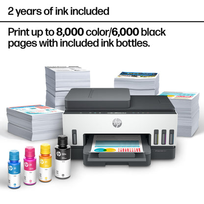 HP Smart Tank 7301 Wireless All-in-One Ink Tank Printer, Scanner, Copier with 2 Years of Ink Included, Best-for-Home Office, Cartridge-Free Refillable, AI-Enabled (28B70A)