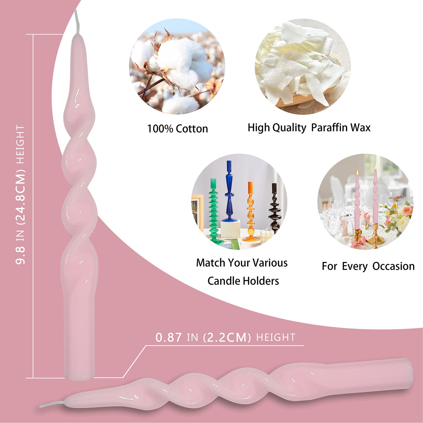 10 Inch Taper Candles Twisted Candlesticks Unscented Handmade 2 Pack Smokeless Taper Candles Dinner Table Candles for Wedding Yoga Celebration(Peach Pink)