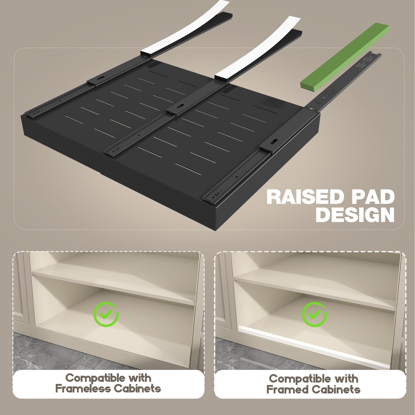 Seinloes 4 Pack Pull Out Cabinet Organizer 21" Deep,Full Extension 3 Slide Rails Slide Out Drawers With Raising Pad for Framed Cabinets,Expandable Width (15.4"-26.2"),No Drill Roll Out Shelves,Black