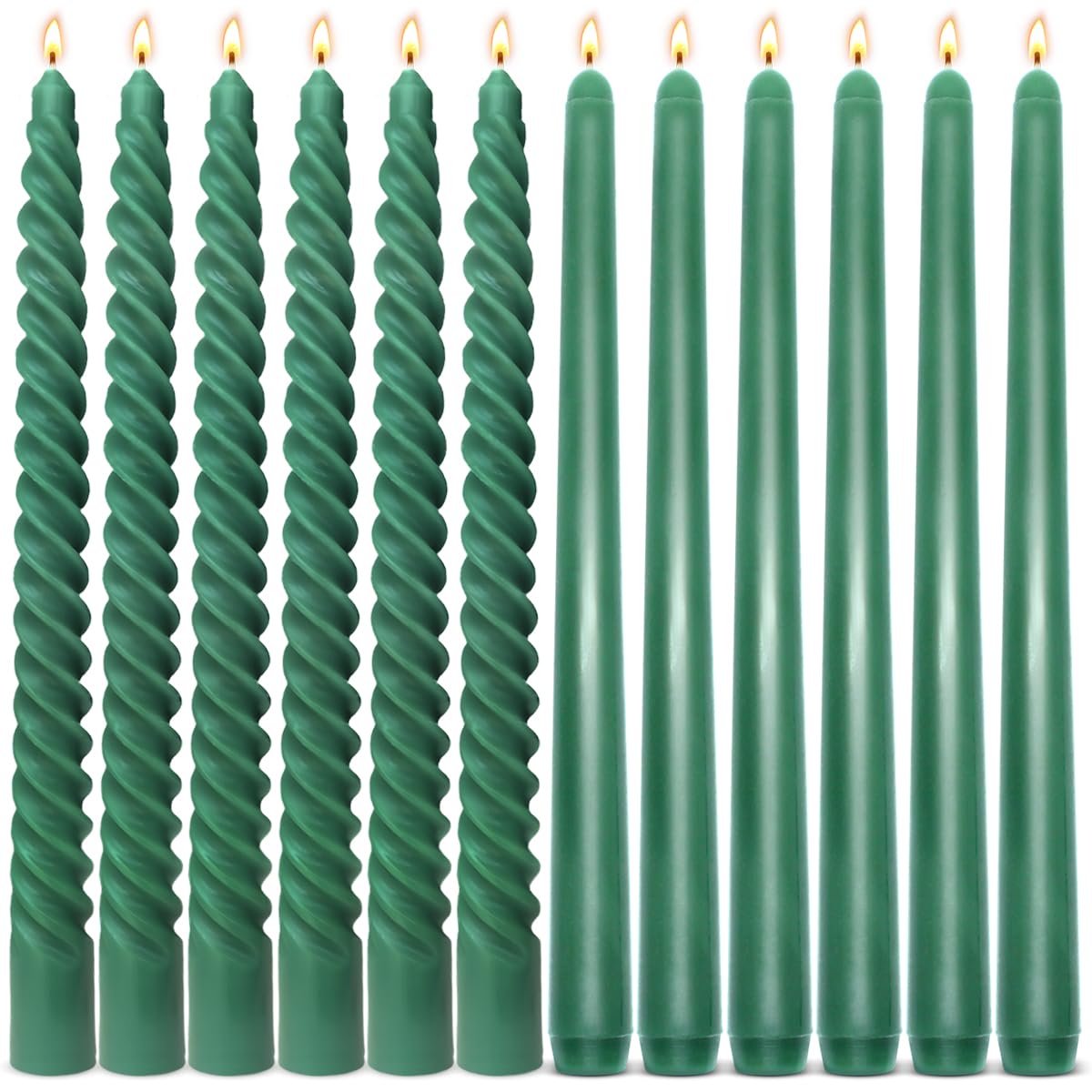6 Pack Hunter-Green Taper Candles and 6 Pack Spiral Candles Set, 10 Inch Elegant Dripless Unscented Candlesticks for Spring St. Patrick's Day Christmas Dinners Parties and Home Decor