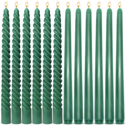 6 Pack Hunter-Green Taper Candles and 6 Pack Spiral Candles Set, 10 Inch Elegant Dripless Unscented Candlesticks for Spring St. Patrick's Day Christmas Dinners Parties and Home Decor