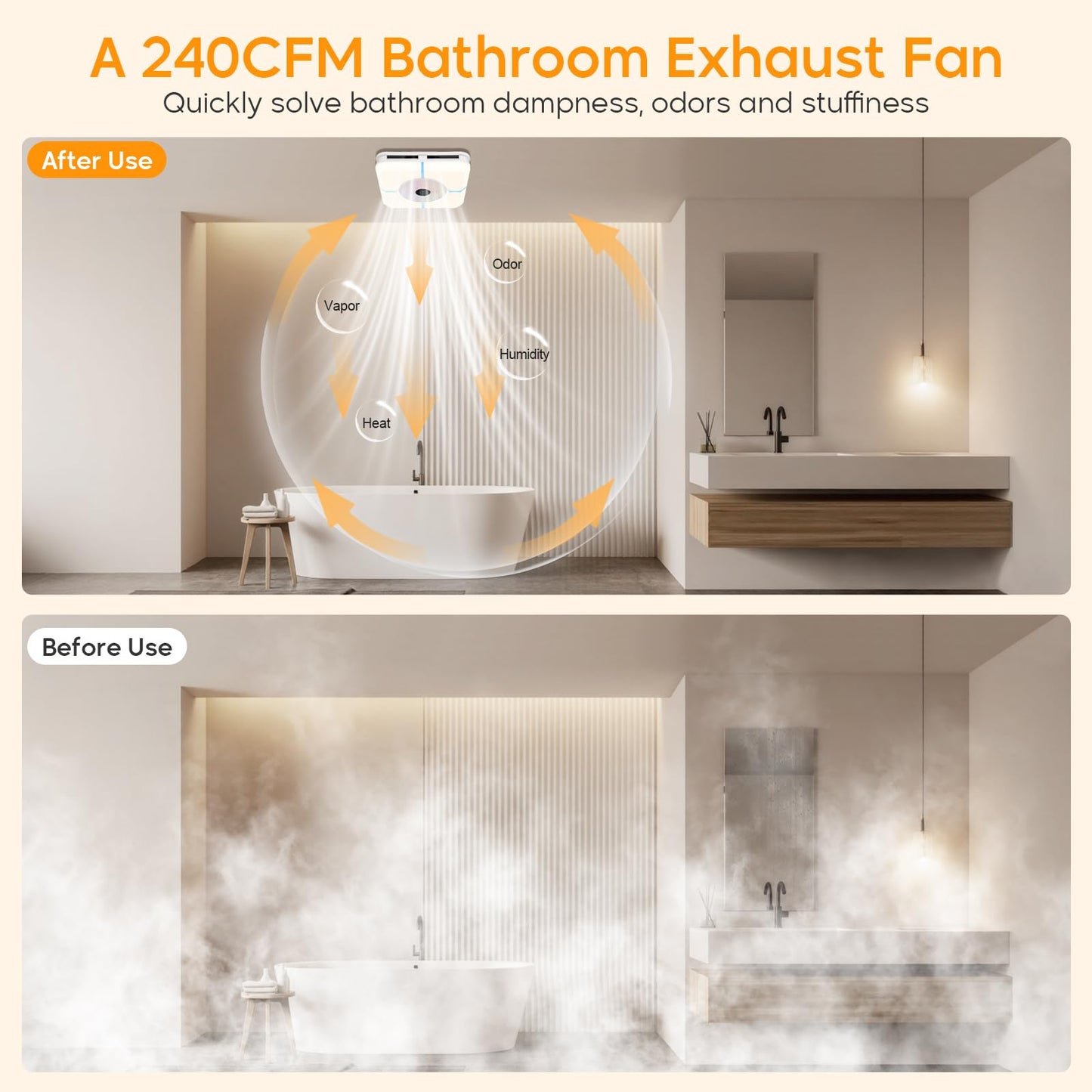 TOYOUSEA Bathroom Exhaust Fan with Light, 240 CFM Ventilation Fan with 3 Dynamic Light, 7 RGB Modes, 3 Color 3000K-6500K Temperatures Nightlight,Remote,13 IN Panel,Mounting Opening 11.8IN