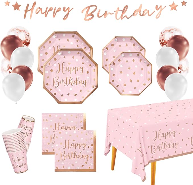 Rose Gold Birthday Party Supplies - Disposable Paper Plates Napkins Cups Tablecloth &amp Banner for Girl/Women Celebration Serves 25 - Decorate with Our Rose Gold Plates and Napkins Set