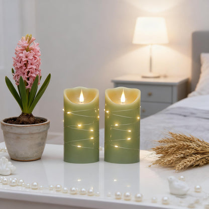 CFDECOR Flameless Candle with Timer,Battery Operated Flickering Led Candles with Remote,Realistic 3D Moving Flame Pillar Candles,Scalloped Edge,Real Wax Candles Set of 2 for Holiday,Home Decor(Green)