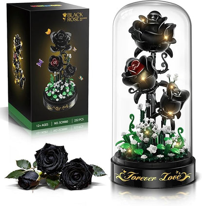 Flower Building Set with LED Light - 232 PCS Black Rose Building Blocks Kit with Dust Cover Easter Day Gift for Her Grilfriend Wife 3.6MM Flower Botanical Collection Block Toy Home Decor