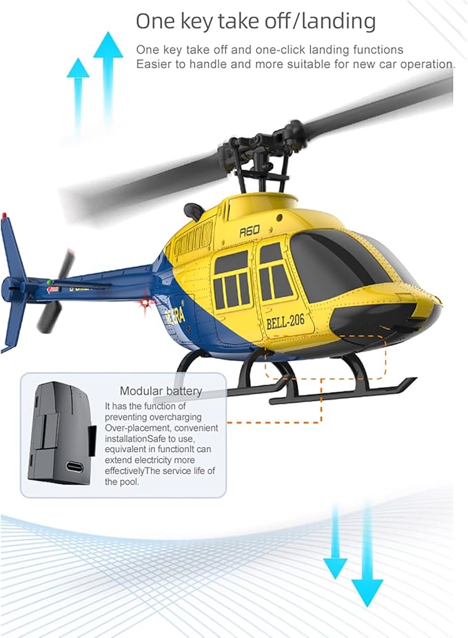 A60 206 Remote Controlled Helicopter Aircraft Plane 4CH RC Heli Aileronless 1/42 Scale 6-Axis Gyroscope Altitude Hovering Optical Flow Position 2Battery for Adults Beginners Yellow