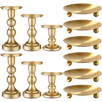 Vesici 12 Pcs Candlestick Holder Plate Pillar Candle Holder Candles Stand Decorative Centerpieces for Table Wedding Events Party Living Room Housewarming Gift(Baking Paint,Size 2,Gold)
