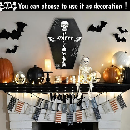 Fayavoo Wood Halloween Coffin Charcuterie Board with Skeleton Patter, Black Coffin Serving Trays with Dipping Saucer, Spooky Halloween Platters for Food Snack Candy Cheese Party Serving Dishes