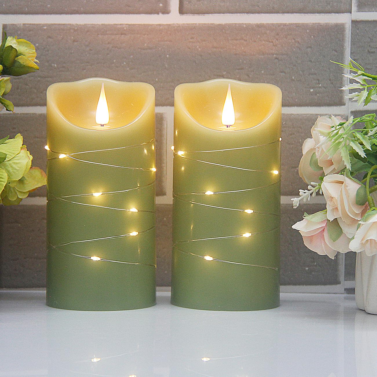 CFDECOR Flameless Candle with Timer,Battery Operated Flickering Led Candles with Remote,Realistic 3D Moving Flame Pillar Candles,Scalloped Edge,Real Wax Candles Set of 2 for Holiday,Home Decor(Green)