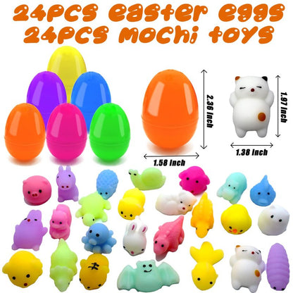 24 PCS Plastic Easter Eggs Filled with 24 PCS Mochi Squishy Toys for Kids, Perfect for Easter Egg Hunt Game, Easter Basket Fillers, Easter Party Favor Supplies
