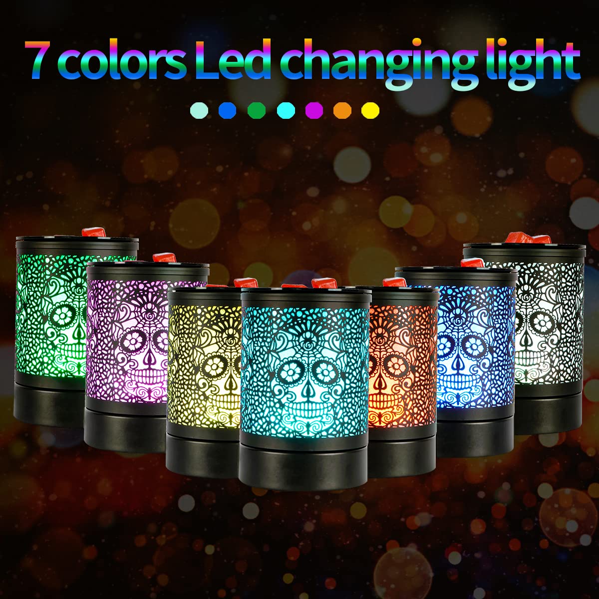 Enaroma Fragrance Wax Melts Warmer with 7 Colors LED Changing Light Classic Black Forest Design Scent Oil Candle Warmer for Home Skull