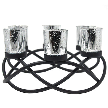 Seraphic Centerpieces for Table Decorations - Round Candle Holders for Outdoor Patio, Dining, Kitchen, Coffee & Wedding Table Decor, Black Iron Candelabra, 6 Silver Glass Votive Tealight Cups