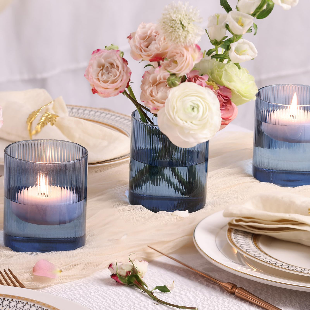 30pcs Blue Votive Candle Holders and 6pcs Blue Glass Cylinder Vases