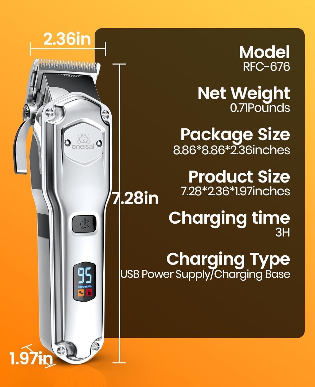 oneisall Dog Clippers for Grooming for Thick Heavy Coats/Low Noise Rechargeable Cordless Pet Shaver with Stainless Steel Blade/Waterproof Dog Shaver for Dogs Pets and Animals (Sliver)