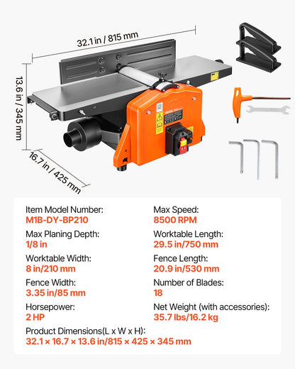 VEVOR Spiral Benchtop Jointer, 8 Inch, 2 HP 8500 RPM Bench Top Wood Jointer, with 18-Blade Spiral Cutterhead, Extendable Cast Aluminum Table, Up to 1/8 in Depth, Adjustable Fence, for Woodworking DIY