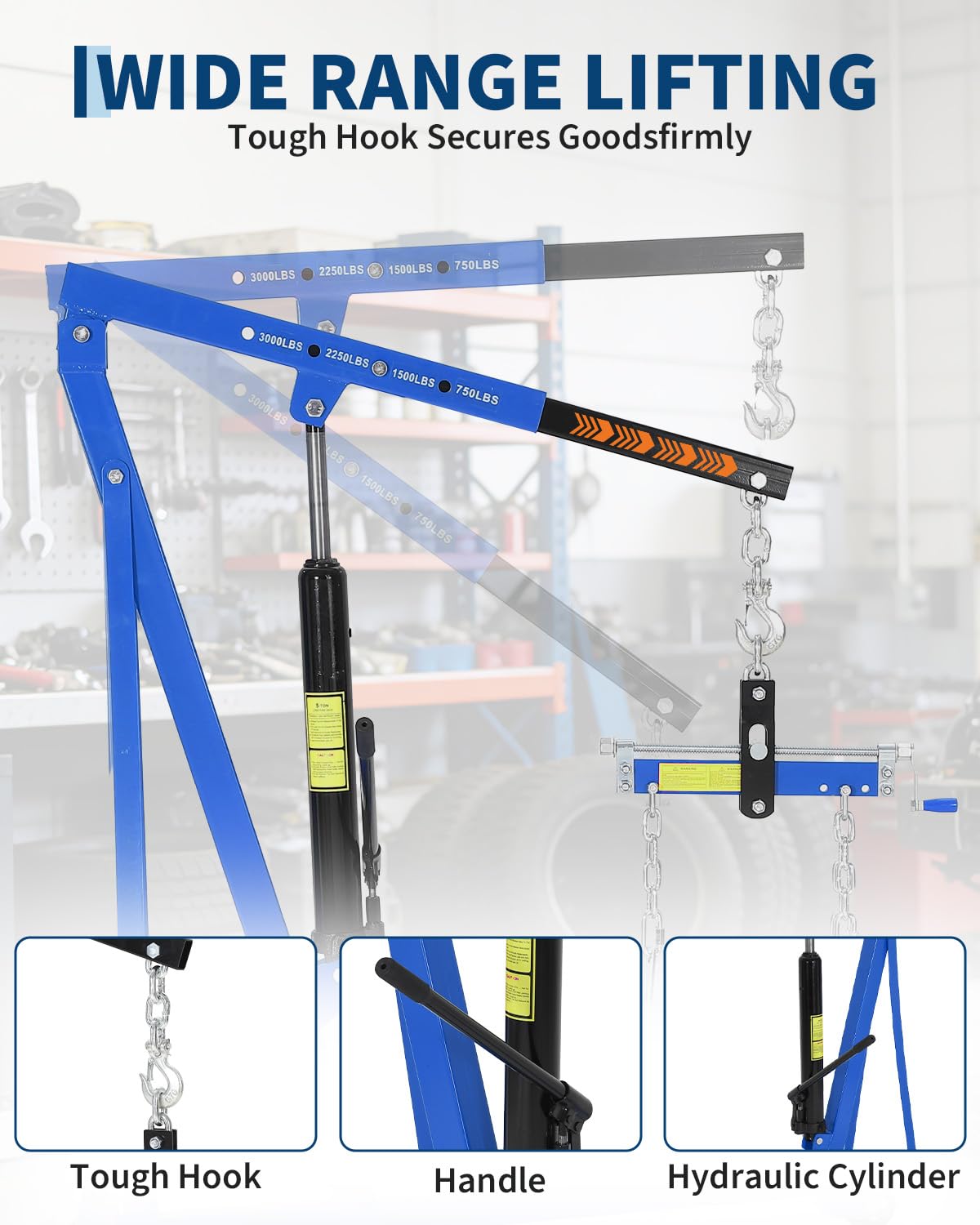 Hydraulic Engine Hoist with Lever, 1.5 Ton 3000 LBS Telescopic Shop Crane with 4 Casters, Cherry Picker Lift with 8 Ton Hydraulic Pump, for Home Garage, Warehouse, and DIY Automotive Projects, Blue