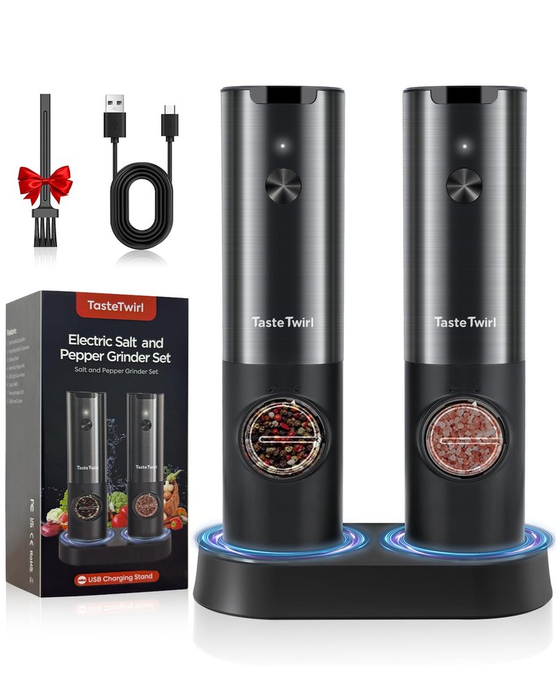 Electric Salt and Pepper Grinder Set, USB Rechargeable Stand, Automatic Salt Pepper Shakers Refillable, Spice Mill for Kitchen, One Hand Operation, Adjustable Coarseness, LED Light