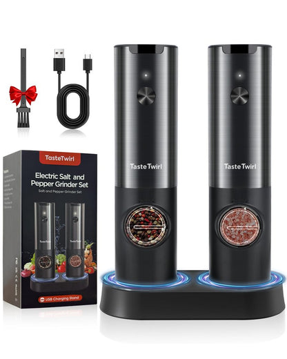 Electric Salt and Pepper Grinder Set, USB Rechargeable Stand, Automatic Salt Pepper Shakers Refillable, Spice Mill for Kitchen, One Hand Operation, Adjustable Coarseness, LED Light