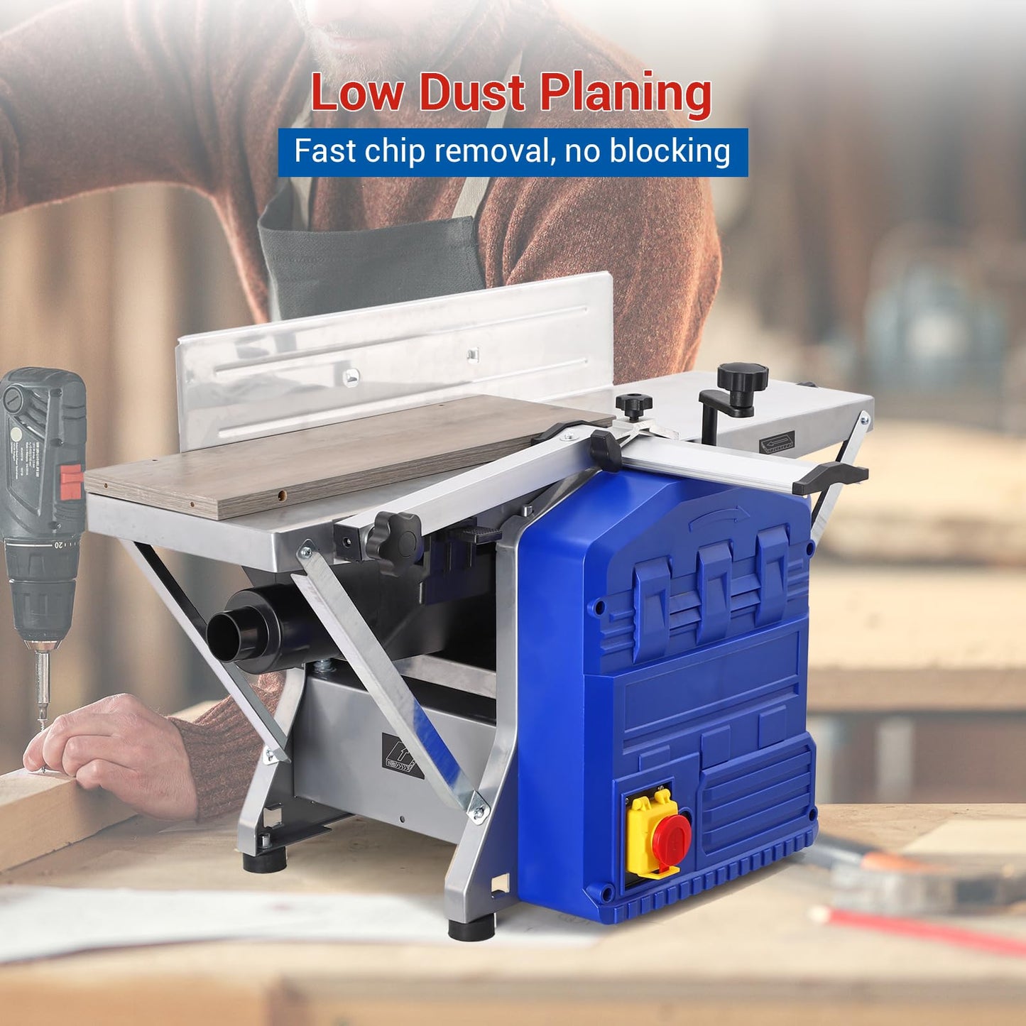GarveeTech Powerful Benchtop Planer, 1250W Power, Low Noise & Low Dust Work, Thickness Planer Extended Infeeding Table, Ideal for Hard & Soft Wood