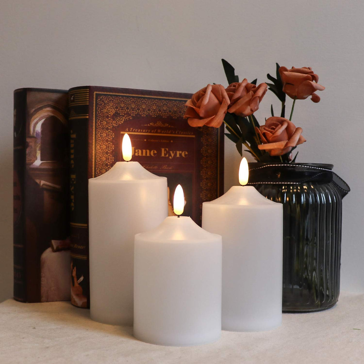 Eldnacele Waterproof Outdoor Flameless Flickering LED Candles with Timer Remote, Battery Operated 3D Wick Plastic Pillar Candles Pack of 3 for Indoor Outdoor Decoration, D3'x H4'x W5'