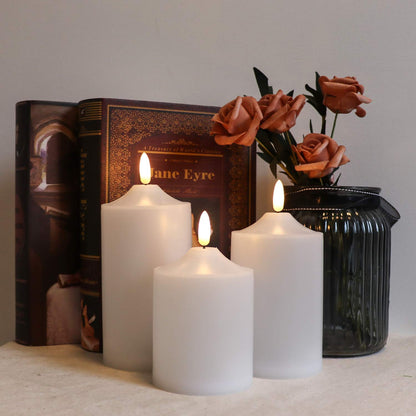 Eldnacele Waterproof Outdoor Flameless Flickering LED Candles with Timer Remote, Battery Operated 3D Wick Plastic Pillar Candles Pack of 3 for Indoor Outdoor Decoration, D3'x H4'x W5'