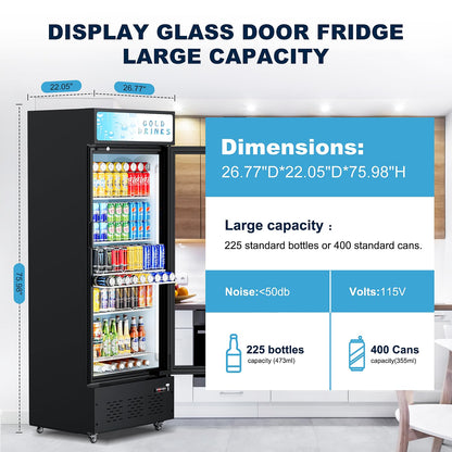 ECEVT 25.7'' W Commercial Refrigerators with Glass Door, 15 Cu.ft. Beverage Refrigerators Commercial Fridge Upright Display Cooler with Soft LED Light and Adjustable Shelves for Restaurant Stores