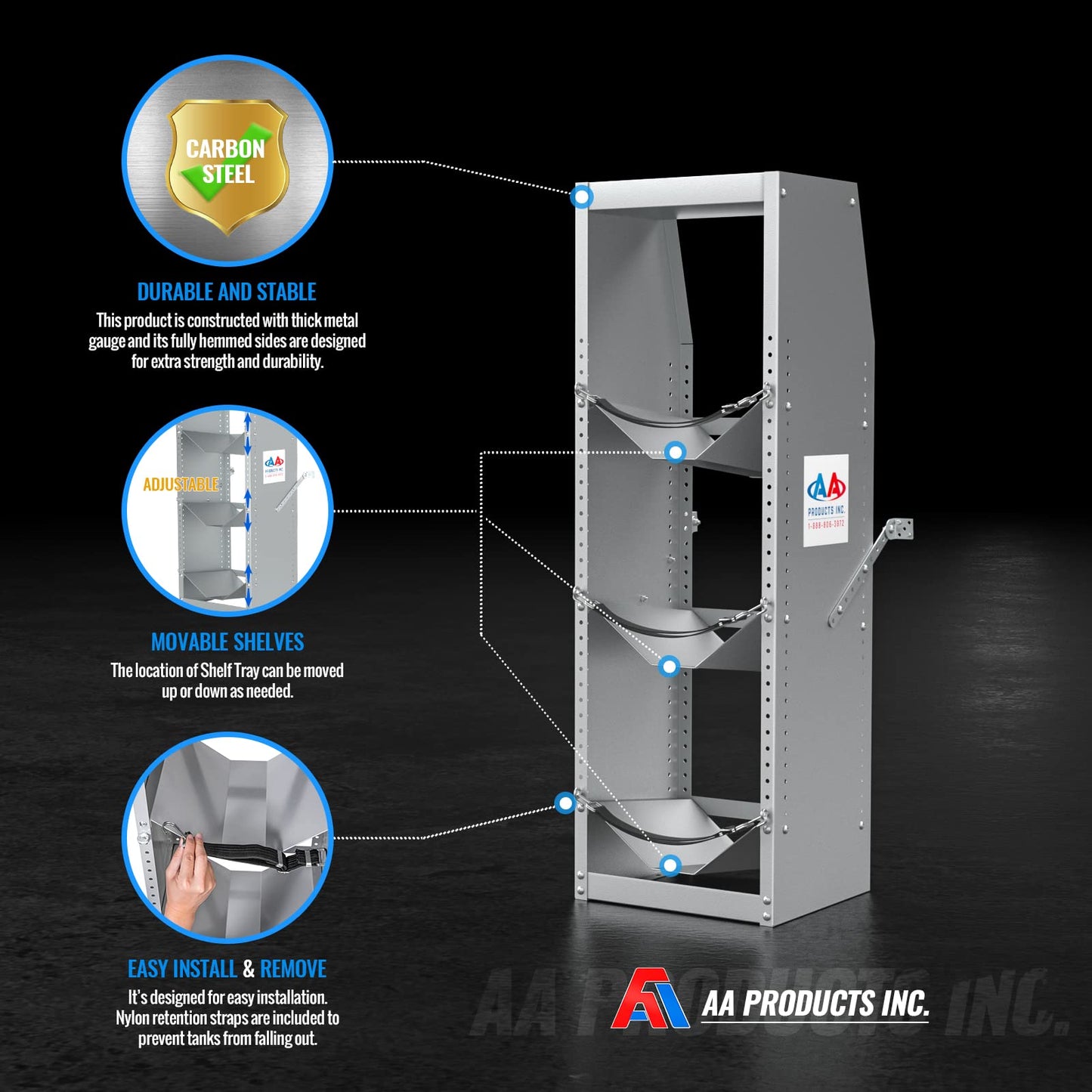 AA Products Inc. TR-3-46 Refrigerant Tank Rack Steel Freon Tank Holder Rack Shelving Storage with Top Shelf for Cargo Van, 46" H x 14.7" W x 13" D