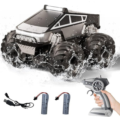 Amphibious Remote Control Car 1:18 RC Off-Road Monster Truck Toys for Boys4WD All Terrain Off-Road Pickup 2.4 GHz RC Vehicles Waterproof RC Trucks Christmas Birthday Gifts for Boy Girl (Grey)