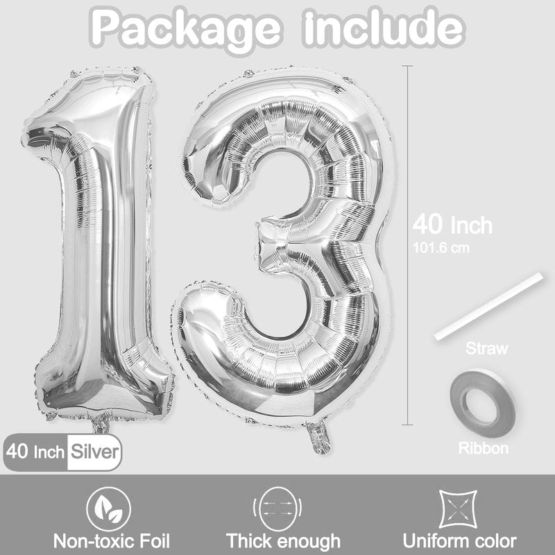 13 Balloon Number, 40 Inch Silver Foil Balloons Giant Jumbo Helium Number 13 or 31 Balloons for 13th 31th Birthday Decorationss Anniversary Events Boys Girls Party Decorationss (Silver)