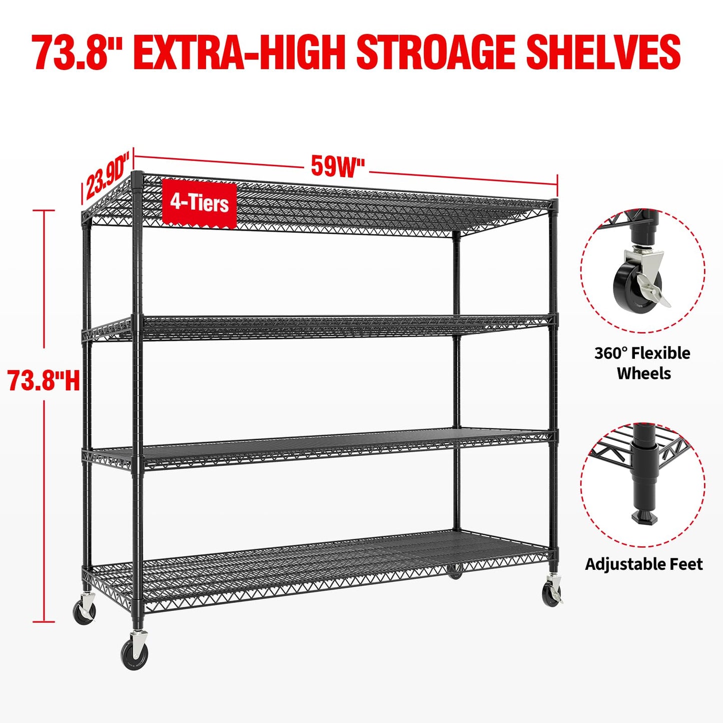 4-Tiers Storage Shelves 73" H Heavy Duty Metal Shelving with Wheels, 2640LBS Load Wire Shelving Rack Garage Shelves for Pantry Kitchen Industrial Warehouse Office, 59" W x 23.9" D