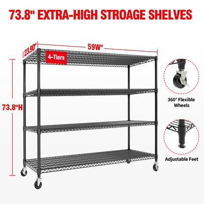 4-Tiers Storage Shelves 73" H Heavy Duty Metal Shelving with Wheels, 2640LBS Load Wire Shelving Rack Garage Shelves for Pantry Kitchen Industrial Warehouse Office, 59" W x 23.9" D