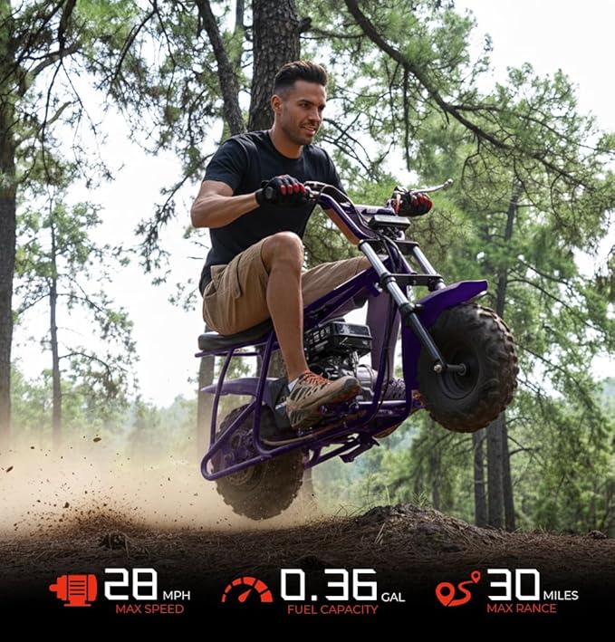 FRP GMB100 Performance 99CC 4-Stroke Mini Dirt Bike - Upgraded Hydraulic Brakes &amp Front Suspension Fork 28MPH Off-Road Mini Bike with LED Headlight Anti-Slip Seat Supports 220LBSPurple