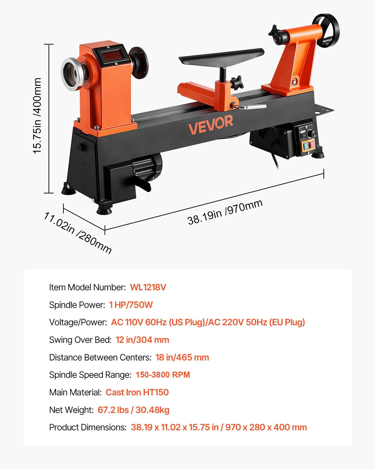 VEVOR Wood Lathe, 6Amp 1 HP Benchtop Wood Lathe Machine with 150 to 3800 RPM Variable Speed 12 x 18" Workbench Brushless DC Motor Cast Iron Construction for Beginners DIY Enthusiasts Woodworking