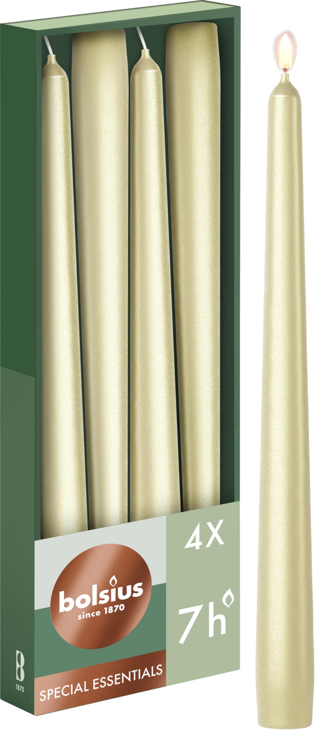 Bolsius Tapered Candles - Metallic Silver - 4-Pack - 24.5 cm - Decorative Household Candles - Burn Time of 7 Hours - Unscented - Includes Natural Vegan Wax - Without Palm Oil