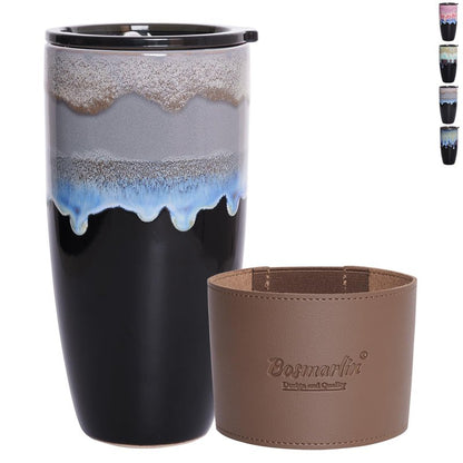 Bosmarlin Ceramic Travel Coffee Mug with Lid, 21 oz, Portable Coffee Cup for Car Cup Holder, Microwave and Dishwasher Safe, Reactive Glaze