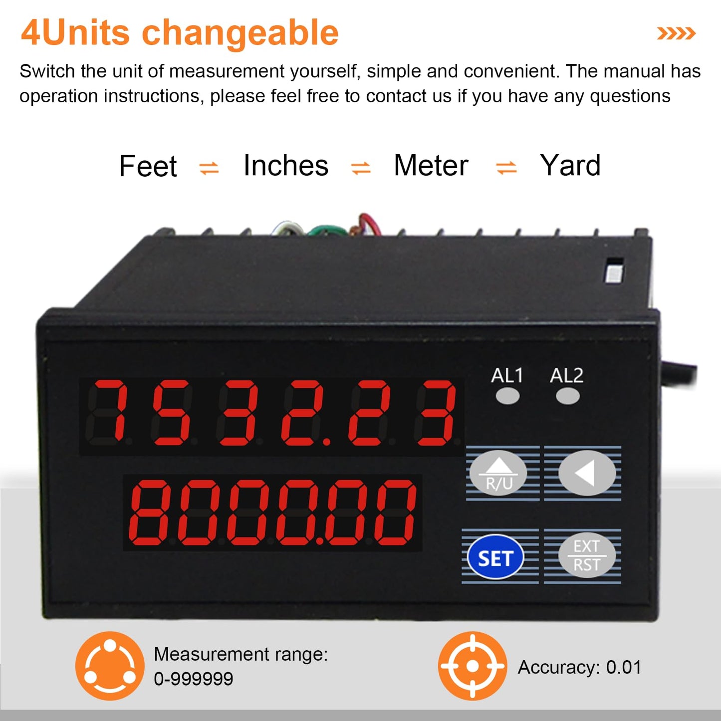 JIAWANSHUN Digital Length Meter Counter with Measure Wheel, Feet/Inch/Meter Selectable Units, 6-Digit Display 0-999999, AC 100-240V Input DC 12V Output