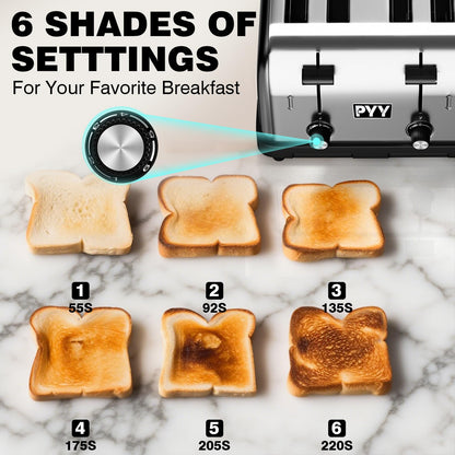 PYY 4 Slice Toaster - 1800W Stainless Steel Heavy Duty Toaster