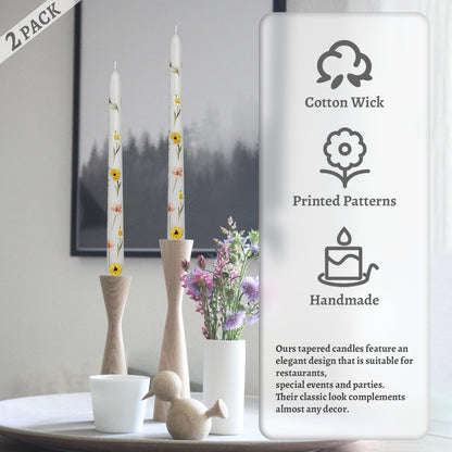 Floral Taper Candles 10 Inch Tall Unscented Handmade White Corn Poppy Print Long Burning Elegant Candlesticks for Wedding Dinner Home Decor