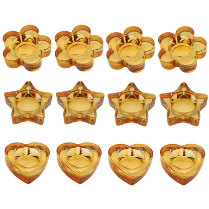 Votive Candle Holders Set of 12 for Table Centerpiece（3 Sizes,Heart/Flower/Star,Amber Glass Tea Light Candle Holders Bulk for Birthday Party,Wedding,Fall Home Decor, Festival Decorative(Amber)