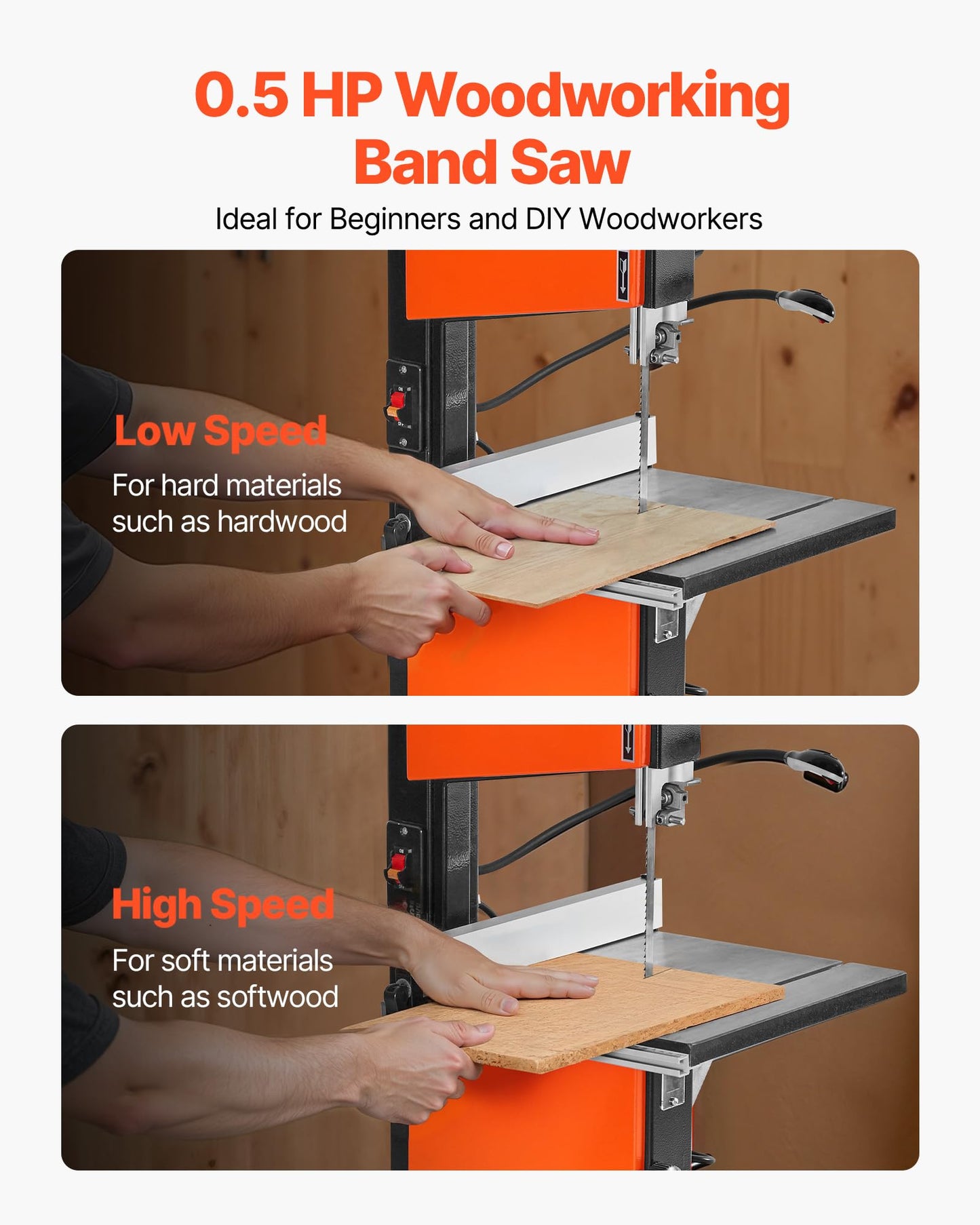 VEVOR Band Saw with Stand, 10-Inch, Two-Speed Benchtop Bandsaw, 373W 1/2 HP, 6 in Max Cutting Height, 13.2 x 13.4 in Cast Iron Table, with 360° Work Light, Miter Gauge, Fence, Band Saw for Woodworking