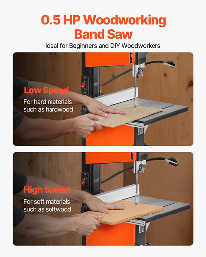 VEVOR Band Saw with Stand, 10-Inch, Two-Speed Benchtop Bandsaw, 373W 1/2 HP, 6 in Max Cutting Height, 13.2 x 13.4 in Cast Iron Table, with 360° Work Light, Miter Gauge, Fence, Band Saw for Woodworking