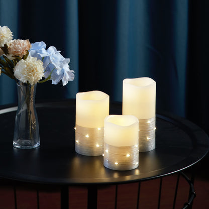 H-BLOSSOM Flickering Flameless Candles Ivory Real Wax Pillar with Embedded String Lights LED Candles Battery Operated with 10 Key Remote and Cycling 5H Timer Set of 3 (3" x 4"/5"/6") (Silver)