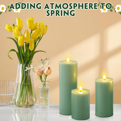 Retisee 3 Pcs Large Flameless LED Battery Operated Candles with Remote and Timer Spring Real Wax Flickering Candles for Indoor Outdoor Party Wedding Lights Decorations, Sage Green